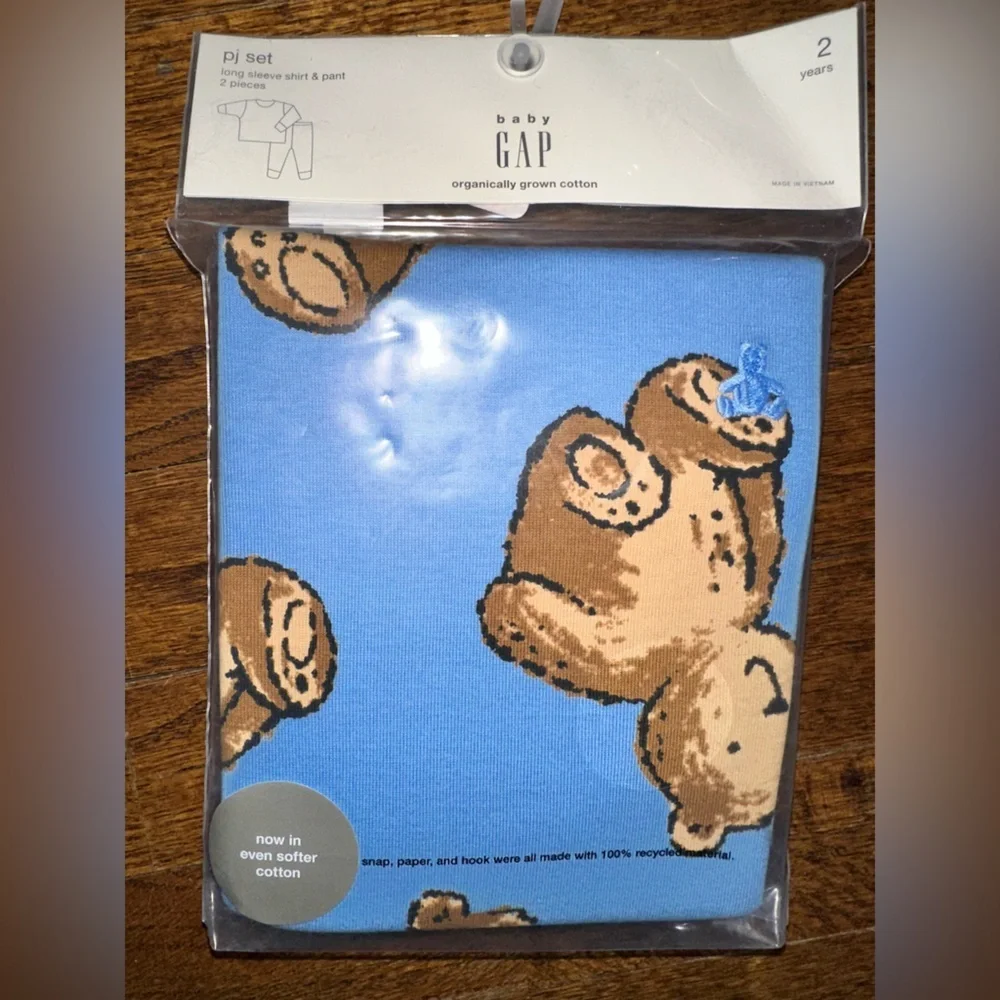 GAP Blue Organic Brushed Cotton Pajama Set with Teddy Bear Print - NWT 2Years